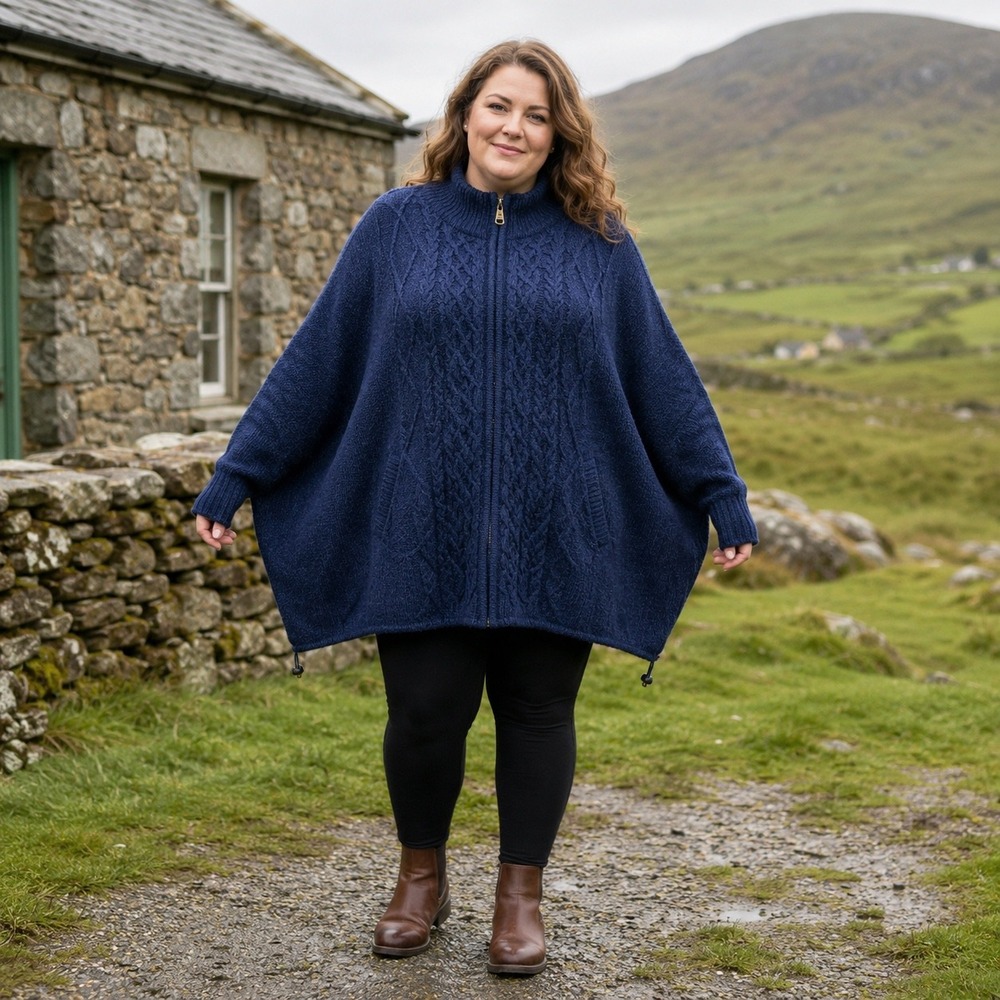 Aran Sweater Market Navy 100% Wool Zip Cable Knit Poncho XXL Made Ireland